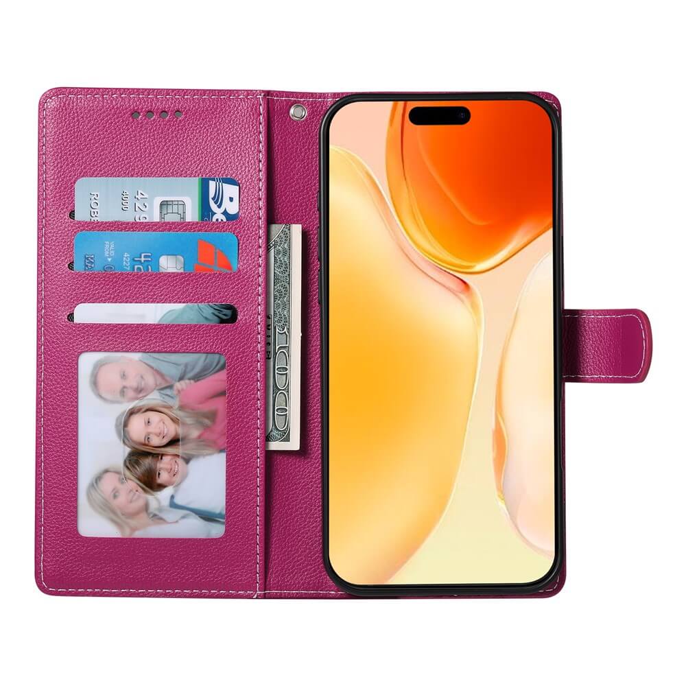 Das offene pinke Cover-Discount iPhone 17 Leder Etui Hülle Struktura Design zeigt ein Smartphone, Bargeld, Karten und ein Familienfoto in den Kartenfächern.