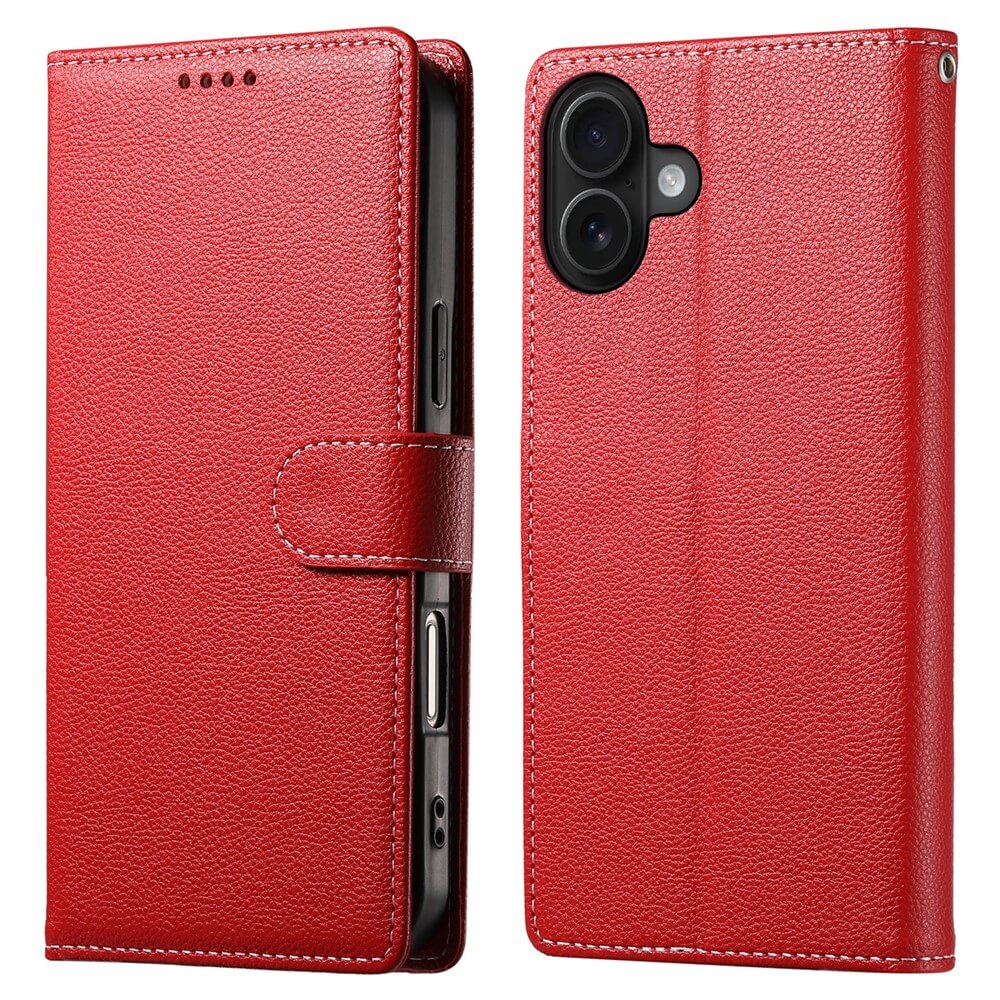 Die iPhone 17 - Leder Etui Hülle Struktura Design von Cover-Discount ist eine stilvolle rote Lederhülle mit Kameraausschnitt und Seitentasten, perfekt für alle, die eine Klapphülle mit Brieftaschenfunktion suchen.