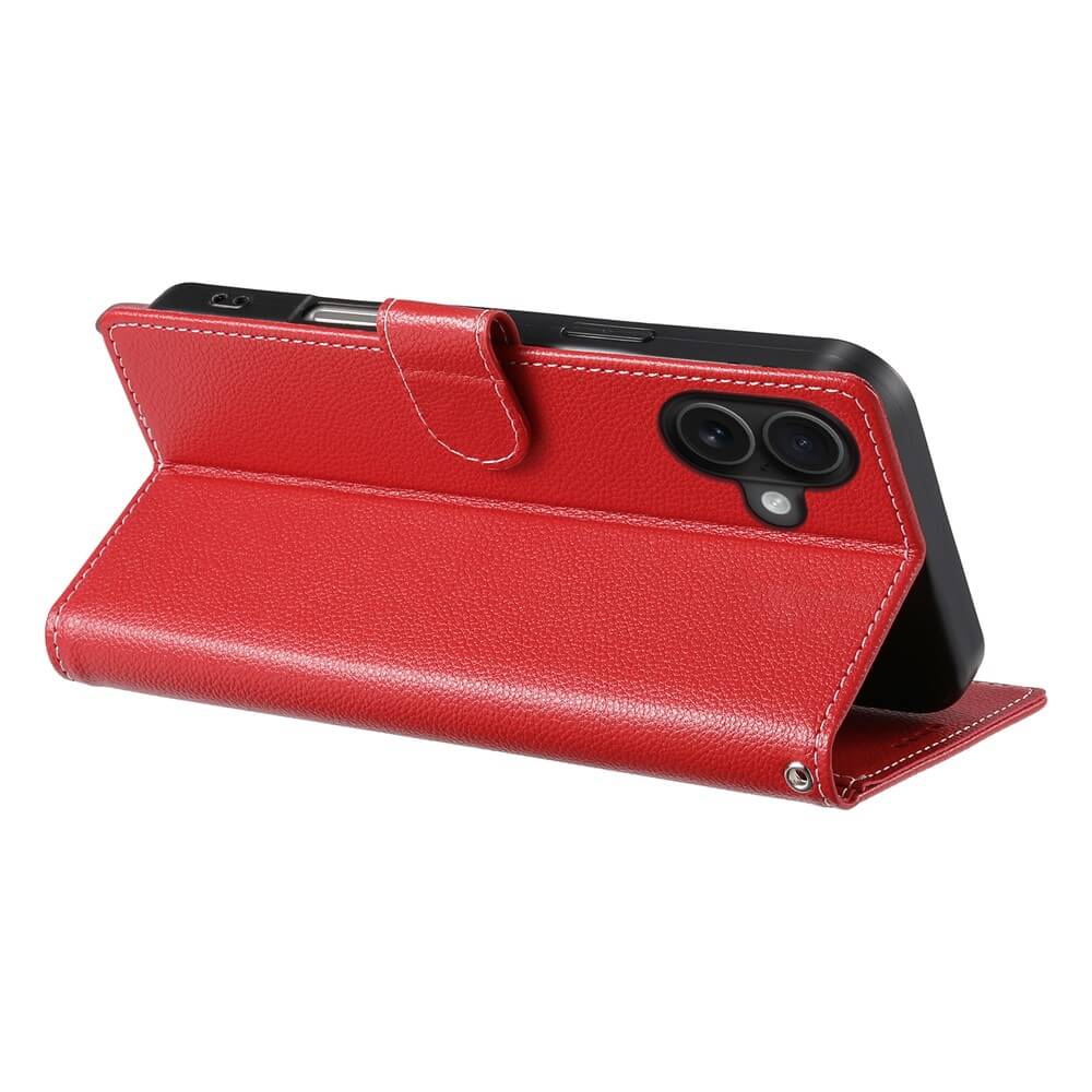 Ein schwarzes iPhone 17 in einer roten Leder Etui Hülle Struktura Design von Cover-Discount, waagerecht aufgestützt. Diese stilvolle Klapphülle mit Brieftaschenfunktion bietet sowohl Eleganz als auch Zweckmäßigkeit für Ihr Gerät.