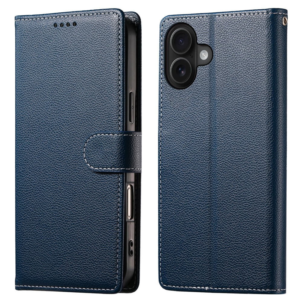 Das Cover-Discount iPhone 17 Leder Etui Hülle Struktura Design in Dunkelblau verfügt über eine Brieftaschenfunktion, die offen und geschlossen gezeigt wird, mit präzisen Aussparungen für Kamera und Tasten.
