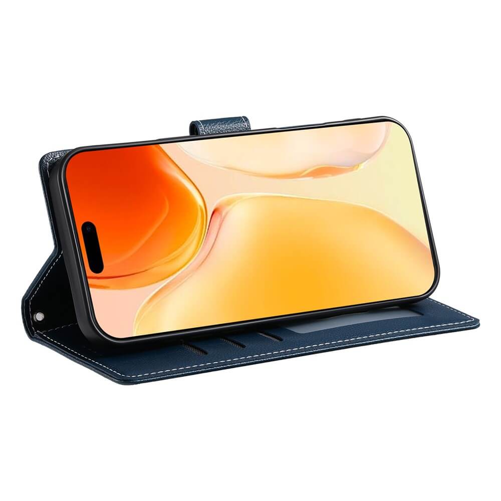 Das iPhone 17 in einem blauen Leder Etui Hülle Struktura Design von Cover-Discount ist waagerecht aufgestellt und zeigt einen gelb-orangen Bildschirm.