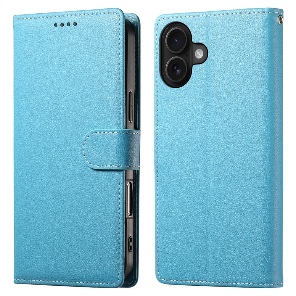 Das Cover-Discount iPhone 17 - Leder Etui Hülle Struktura Design in hellblau verfügt über eine Brieftaschenfunktion und präzise Kamera- und Knopföffnungen, die geschlossen und von hinten gezeigt werden, und ist aus hochwertigem Leder gefertigt.