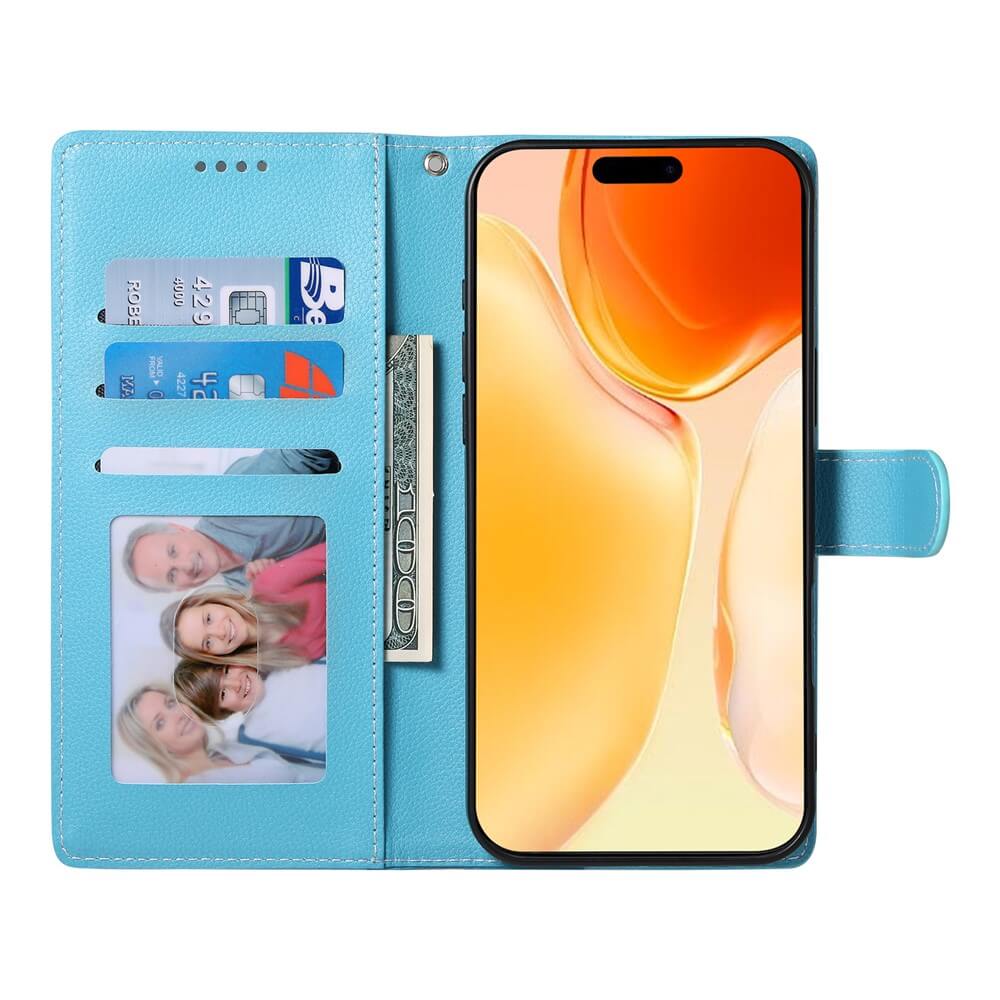 Offene blaue Brieftasche Telefon Fall hält iPhone 17, Karten, Bargeld, und eine Familie Foto-genießen Sie Komfort und Stil mit dem Cover-Discount Leder Etui Hülle Struktura Design.