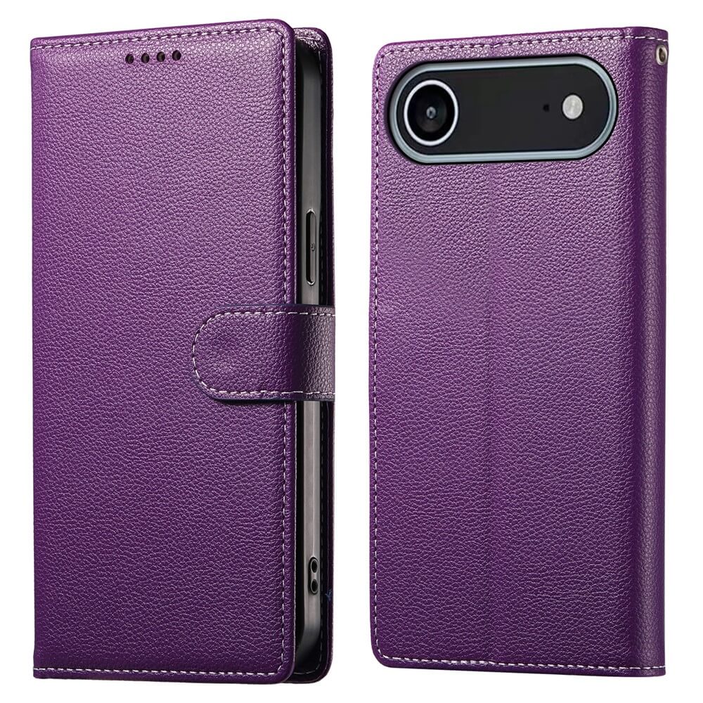 #farbe_violett|Lila Lederhülle für das iPhone 17 Air von Cover-Discount-Struktura Design-abgebildet auf Vorder- und Rückseite, mit Kartenschlitzen, Magnetverschluss, Kameraausschnitt und erstklassigem Schutz.