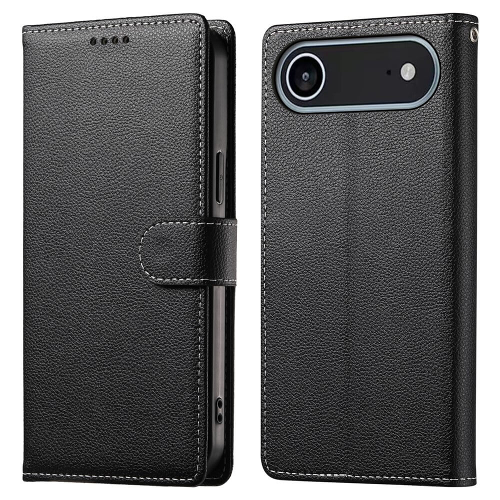 Zwei Ansichten des Cover-Discount iPhone 17 Air - Leder Etui Hülle Struktura Design in schwarz: eine geschlossene und eine, die die Rückkamera zeigt. Diese schicke Klapphülle mit Kartenfächern vereint Stil und Funktionalität.
