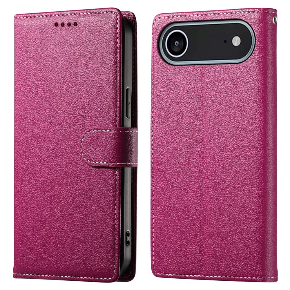 Die Cover-Discount iPhone 17 Air - Leder Etui Hülle Struktura Design in Magenta mit Kartenfächern zeigt offene und geschlossene Kamera- und Verschlussdetails.
