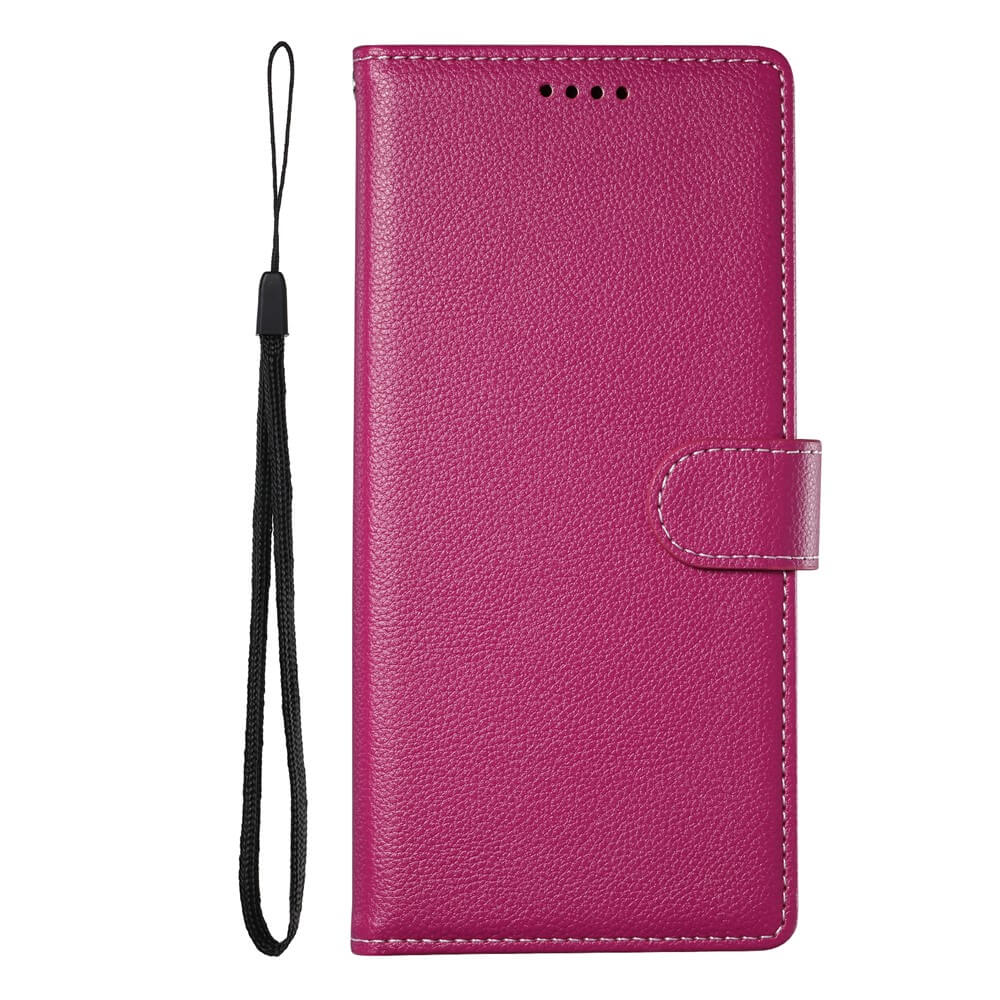 Magenta Cover-Discount Leder Etui Hülle Struktura Design für iPhone 17 Air mit Kartenfächern, sicherem Druckknopfverschluss und abnehmbarem schwarzem Handgelenkriemen.