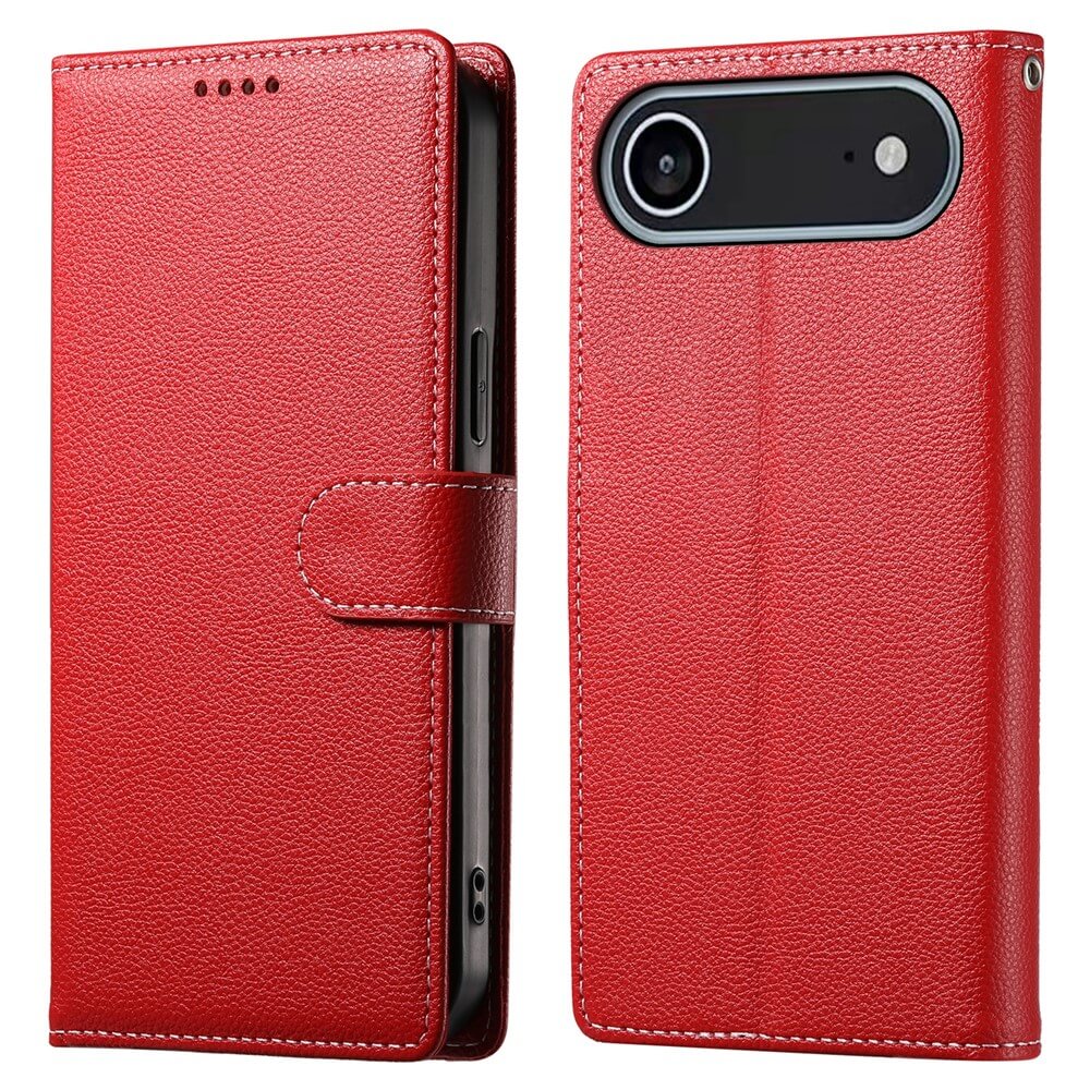 Ein rotes Cover-Discount iPhone 17 Air - Leder Etui Hülle Struktura Design wird geschlossen und geöffnet gezeigt, wobei der Kameraausschnitt, der Zugang zu den Seitentasten und die Kartenfächer hervorgehoben werden.