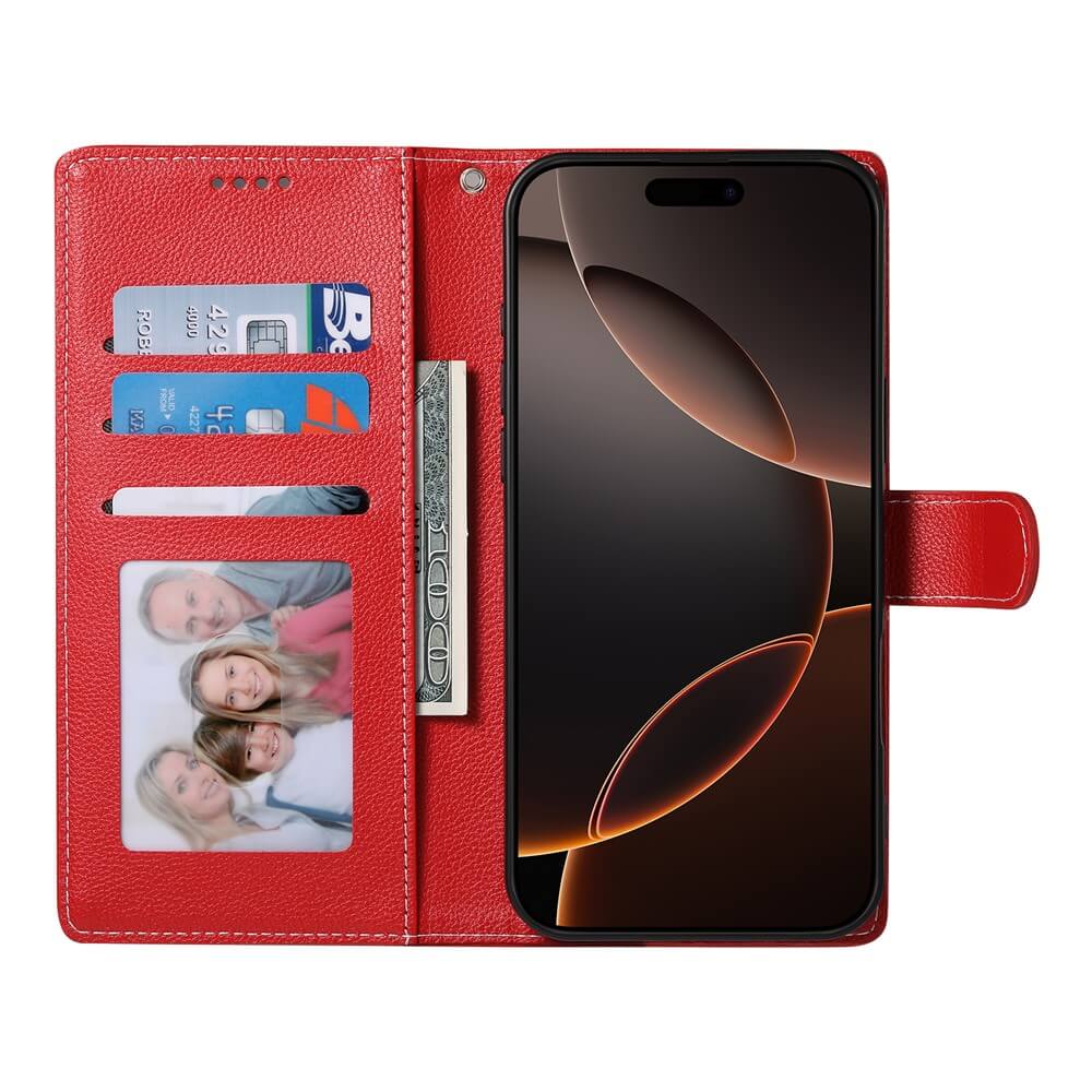 Die Cover-Discount iPhone 17 Air Leder Etui Hülle Struktura Design in Rot bietet Kartenfächer für Karten, Bargeld, ein Foto sowie sicheren Schutz für Ihr Smartphone mit dunklem abstraktem Display.
