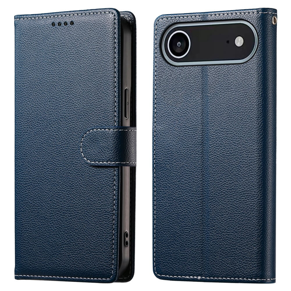 Das Cover-Discount iPhone 17 Air - Leder Etui Hülle Struktura Design in dunkelblau verfügt über eine geschlossene und rückseitige Ansicht mit Kameraausschnitt, Magnetverschluss und eine Klapphülle mit Kartenfächern für mehr Komfort.