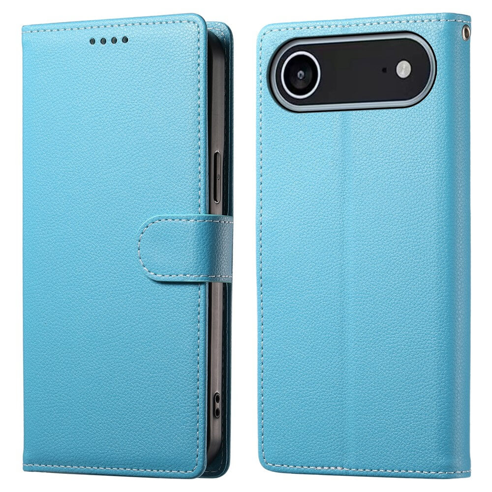 Die Cover-Discount iPhone 17 Air - Leder Etui Hülle Struktura Design in Hellblau mit Kartenfächern, Kameraausschnitt und Magnetverschluss, offen und geschlossen abgebildet.