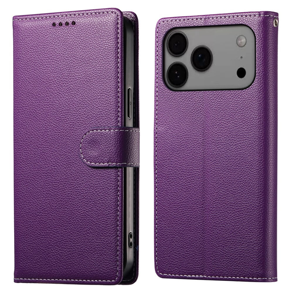 Die Cover-Discount iPhone 17 Pro Max Leder Etui Hülle Struktura Design in Lila mit Brieftaschenfunktion wird als Klapphülle von vorne und hinten präsentiert.
