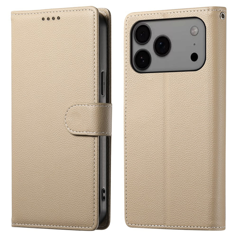 Das Cover-Discount iPhone 17 Pro Max - Leder Etui Hülle Struktura Design in Beige bietet eine Brieftaschenfunktion, schließt links, öffnet rechts und verfügt über einen Kameraausschnitt.