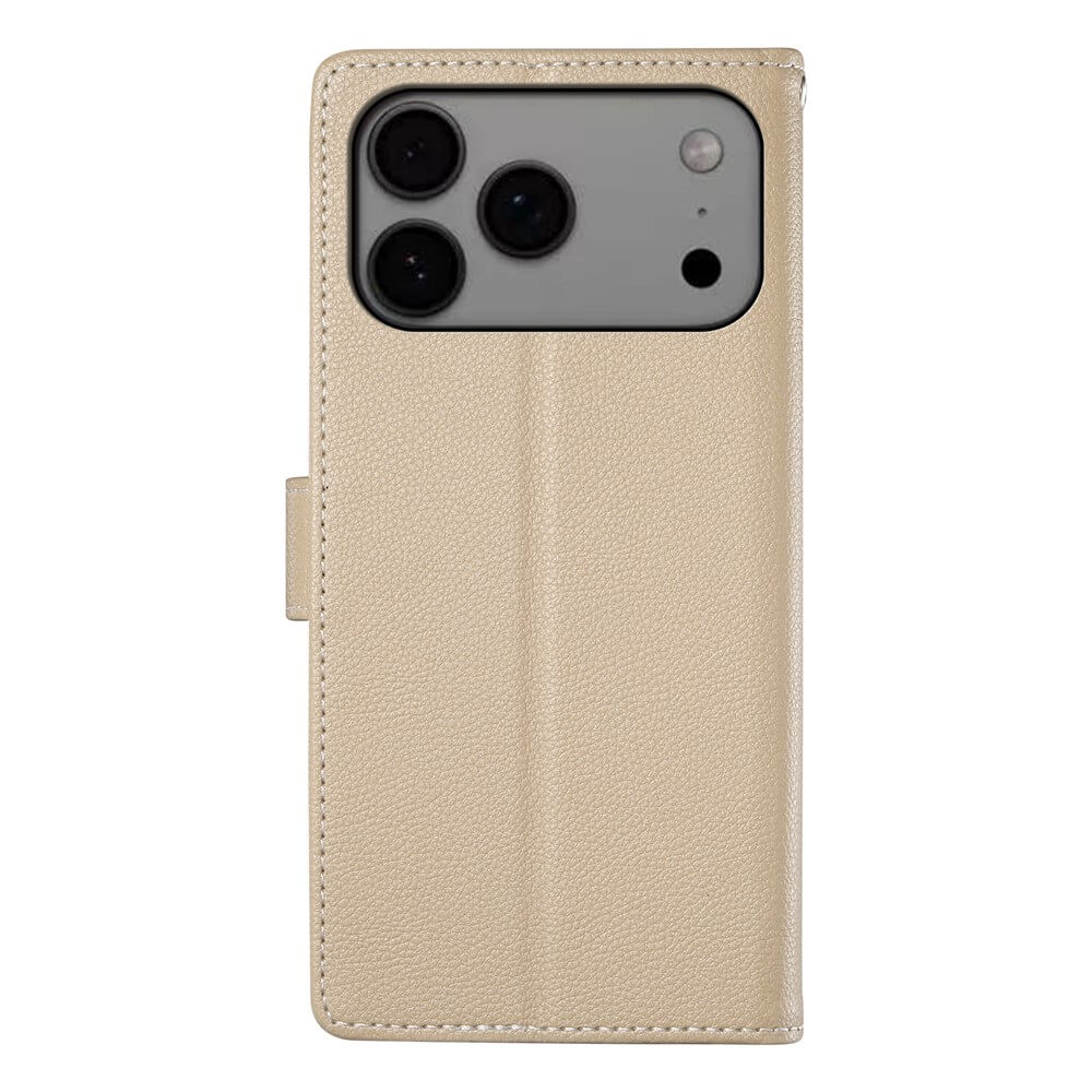 Die Cover-Discount iPhone 17 Pro Max Leder Etui Hülle Struktura Design in Beige bietet eleganten Schutz für Modelle mit drei Kameraobjektiven und Blitz sowie eine praktische Brieftaschenfunktion.