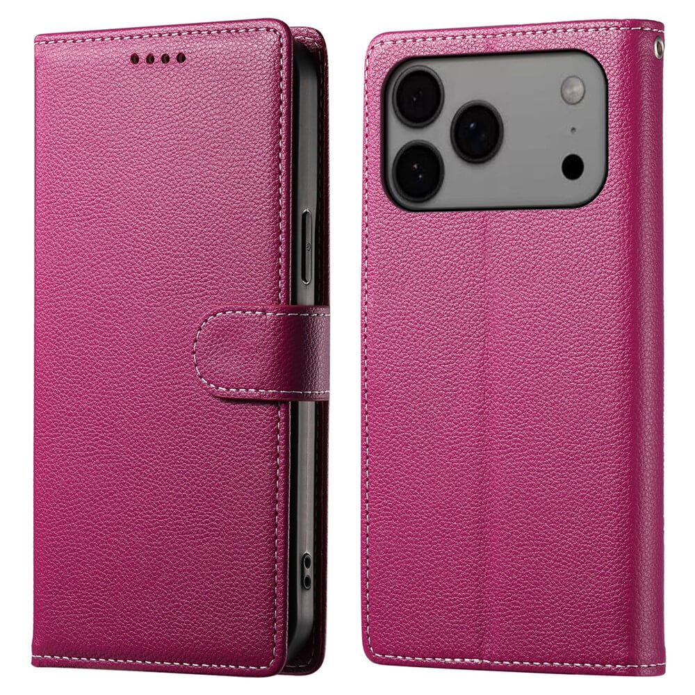 Die Cover-Discount iPhone 17 Pro Max - Leder Etui Hülle Struktura Design in Magenta mit Brieftaschenfunktion und Kameraausschnitt vereint Stil und Schutz - geschlossen und offen präsentiert.