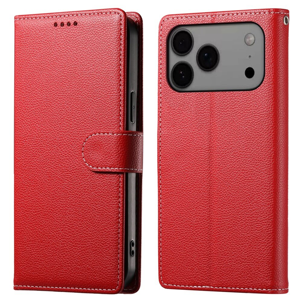 Die Cover-Discount iPhone 17 Pro Max - Leder Etui Hülle Struktura Design wird geschlossen und geöffnet gezeigt, um den Kamera-Ausschnitt auf der Rückseite hervorzuheben.