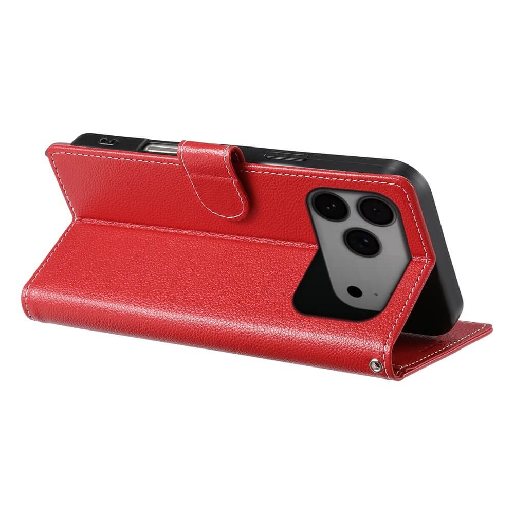 Cover-Discount bietet mit dem Leder Etui Hülle Struktura Design für das iPhone 17 Pro Max eine rote Ledertasche mit Wallet- und Standfunktion an, die auf Modelle mit dreifacher Rückkamera zugeschnitten ist.
