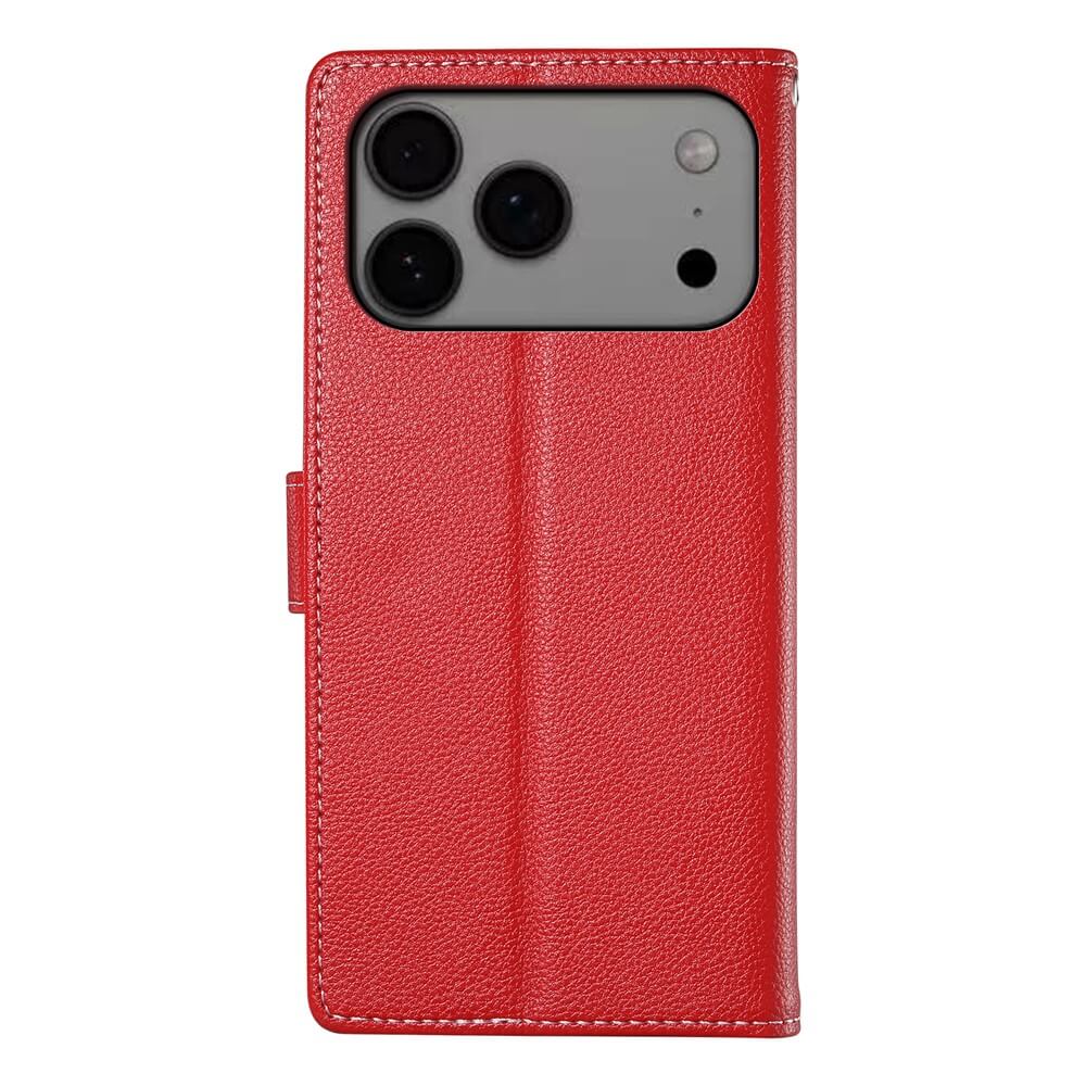 Cover-Discount Leder Etui Hülle Struktura Design für iPhone 17 Pro Max in Rot mit drei Kameraausschnitten, geschlossen und Rückansicht.