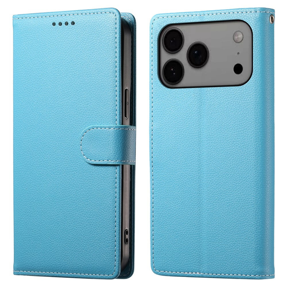 Die iPhone 17 Pro Max Leder Etui Hülle Struktura Design von Cover-Discount schützt Ihr Smartphone stilvoll und zeigt es von vorne und hinten in hellblau.