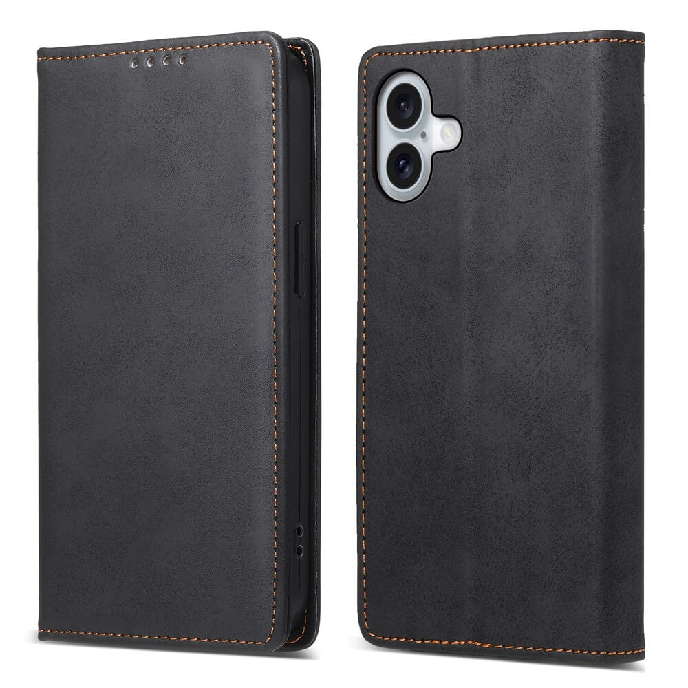 #farbe_schwarz|Die iPhone 17 - Flip Case mit RFID Blocker von Cover-Discount aus schwarzem Leder mit braunen Nähten zeigt geschlossen und offen den Kameraausschnitt und bietet dank RFID-Blockierung zusätzlichen Schutz.