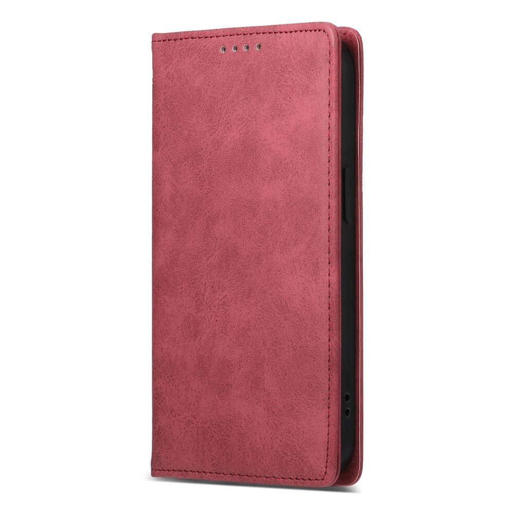 Das Cover-Discount iPhone 17 - Flip Case mit RFID Blocker in Pink Leder steht aufrecht vor weißem Hintergrund und kombiniert stilvollen Schutz mit praktischer RFID-Blockierung für maximale Sicherheit.