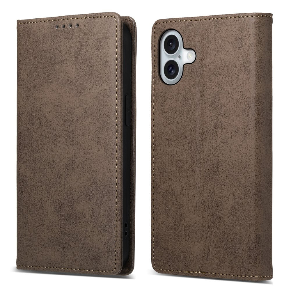 Cover-Discount iPhone 17 - Flip Case mit RFID Blocker: Braun, Leder, Handyhülle im Wallet-Stil, vorne & hinten geschlossen gezeigt, mit Kameraausschnitt und integriertem RFID-Schutz.