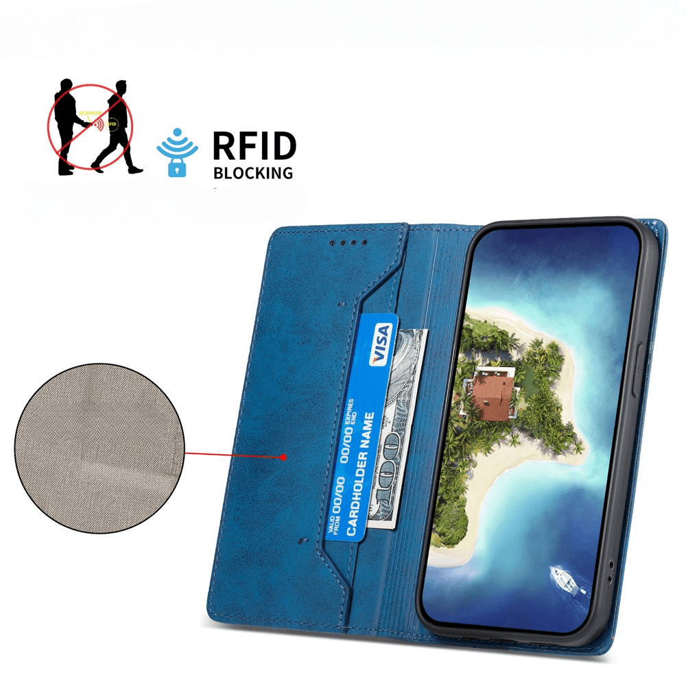 Cover-Discount iPhone 17 - Flip Case mit RFID Blocker in Blau: geöffnet, Kartenfächer sichtbar, RFID-Symbol und Stoffdetail werden angezeigt.
