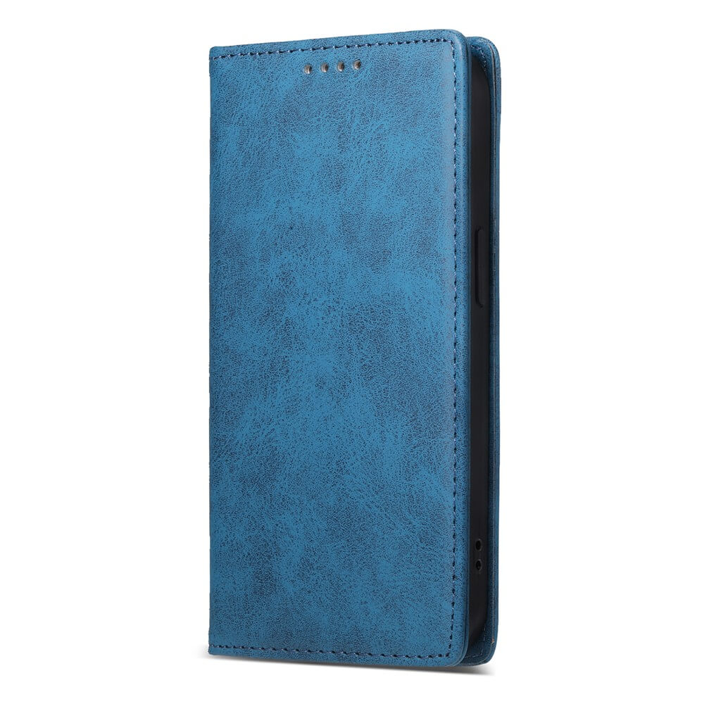 Das Cover-Discount iPhone 17 - Flip Case mit RFID Blocker in blauem Leder ist aufrecht und leicht geöffnet abgebildet.