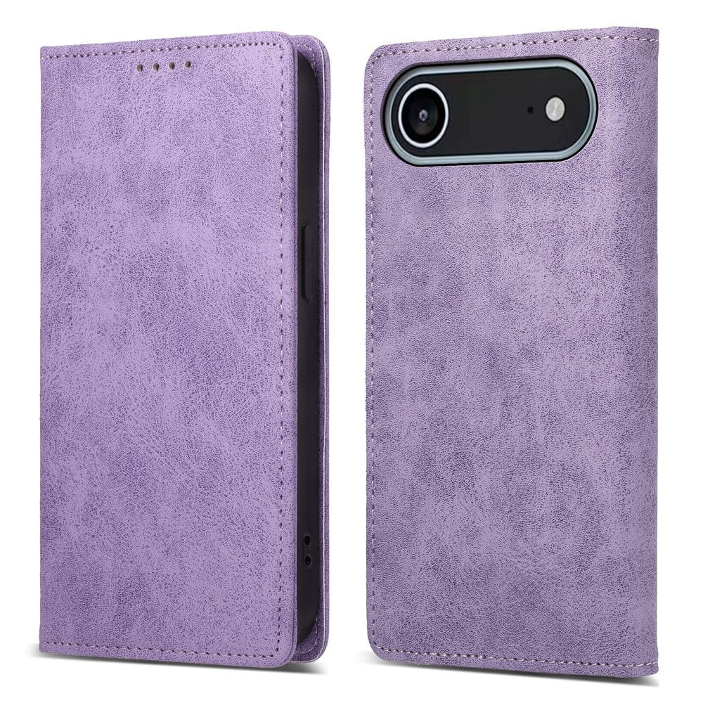 #farbe_violett|Zwei Ansichten der iPhone 17 Air - Flip Case mit RFID Blocker von Cover-Discount: geschlossen und mit sichtbar ausgeschnittenem Kamerabereich - stilvoller Schutz mit RFID-Blockierung.
