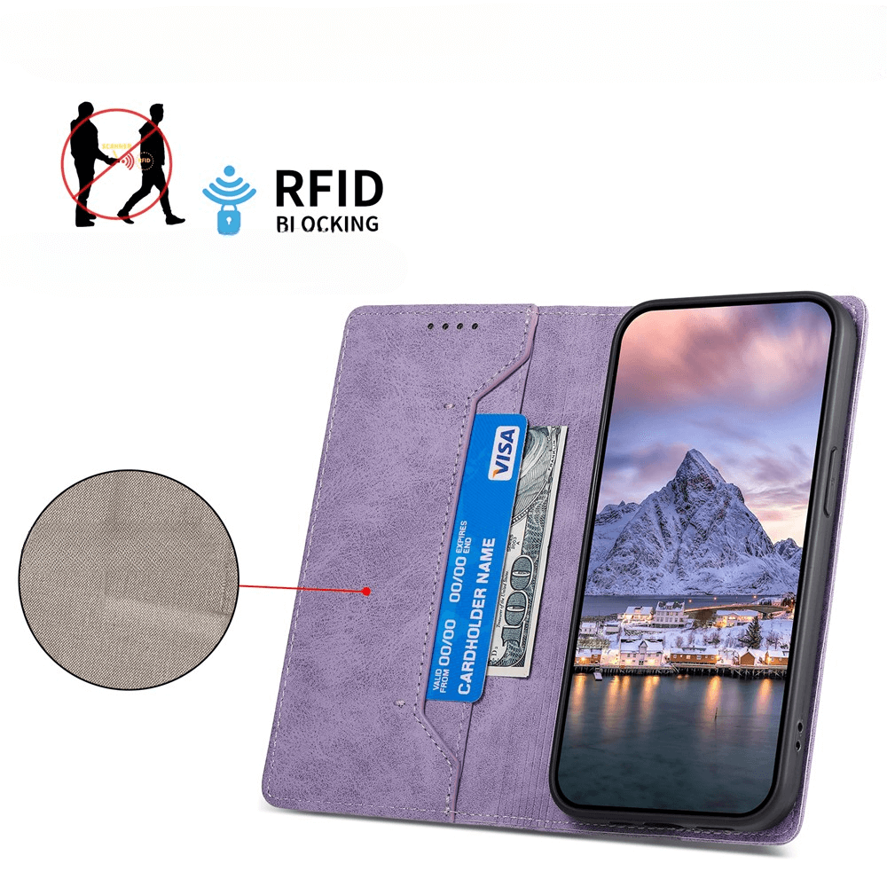 #farbe_violett|Öffnen Sie Ihr Cover-Discount iPhone 17 Air - Flip Case mit RFID Blocker in Violett, mit Visa-Karte, Bargeld und dem RFID-Blockierungssymbol.