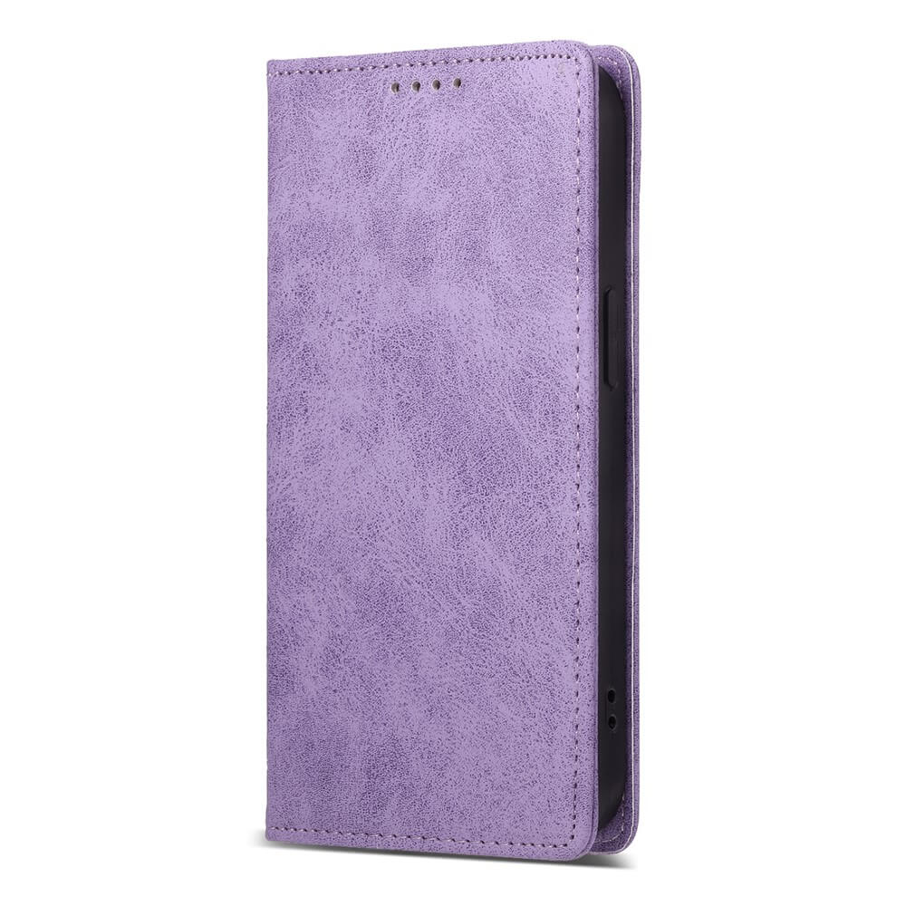 Das Cover-Discount iPhone 17 Air - Flip Case mit RFID Blocker in lila wird stehend, mit leicht geöffneter Frontklappe gezeigt.