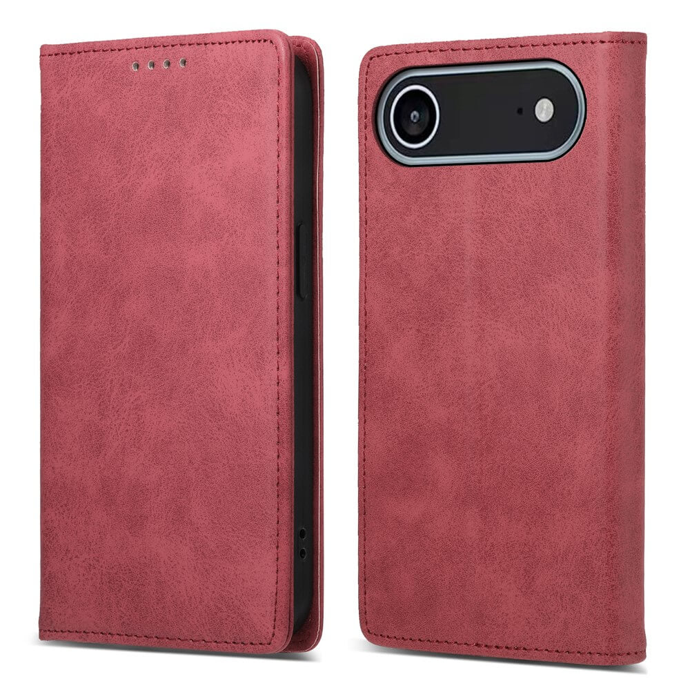 Zwei Ansichten des Cover-Discount iPhone 17 Air - Flip Case mit RFID Blocker in pink-rotem Leder - Vorderseite geschlossen und Rückseite mit sichtbarer Kamera. Diese Handyhülle schützt Ihr Gerät und bietet effektive RFID-Blockierung.