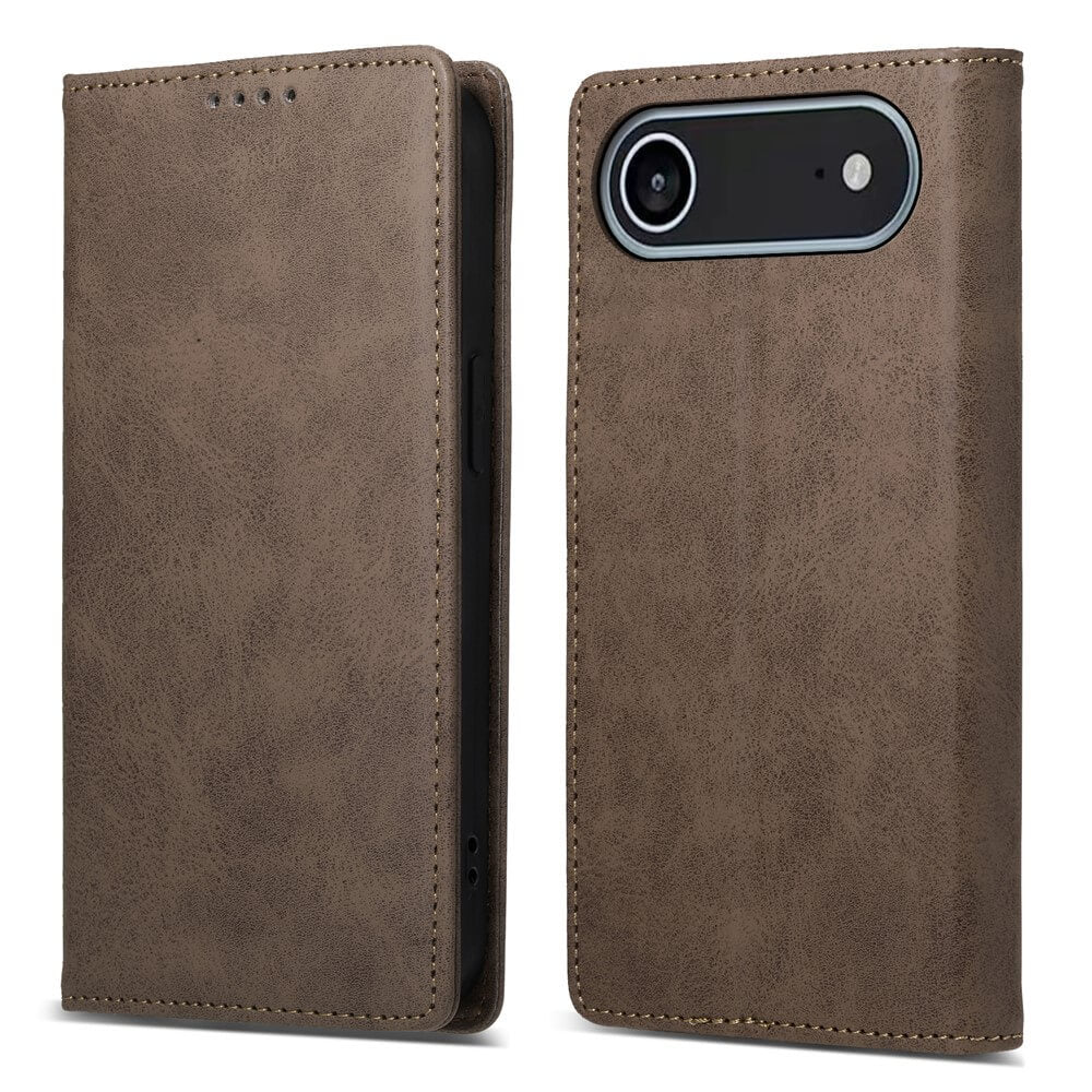 Das Cover-Discount iPhone 17 Air - Flip Case mit RFID Blocker in Braunleder ist auf weißem Hintergrund gezeigt, geschlossen von vorne und hinten, und bietet integrierten RFID-Schutz für zusätzliche Sicherheit.