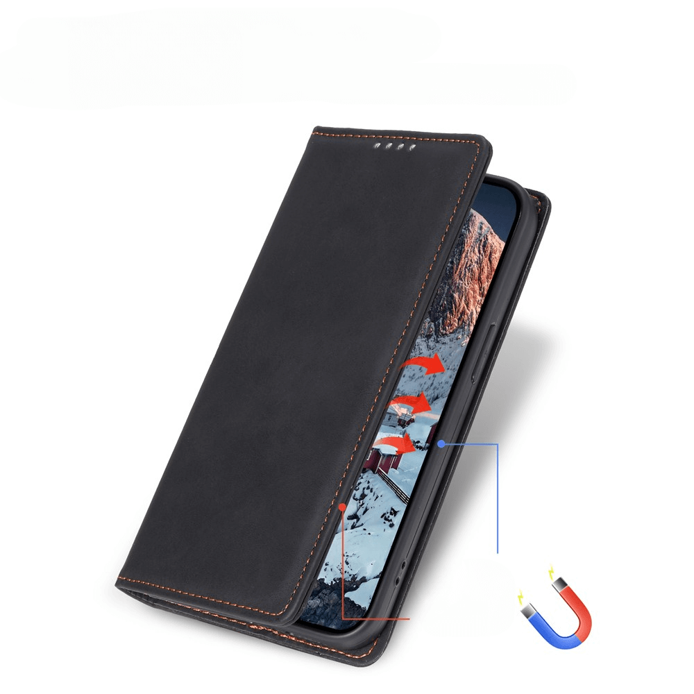 Das Cover-Discount iPhone 17 Air - Flip Case mit RFID Blocker in Schwarz mit oranger Naht, teilweise geöffnet, zeigt das Handy und ein Magnet-Symbol - stilvoller Schutz mit RFID-Blockierung.