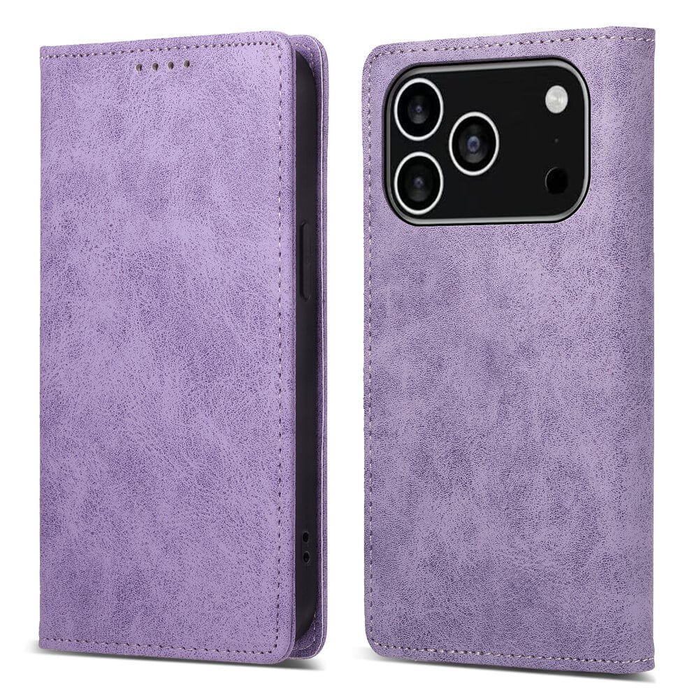 #farbe_violett|Das Cover-Discount iPhone 17 Pro - Flip Case mit RFID Blocker in lila Leder, hier offen und geschlossen, hat einen Kameraausschnitt und eine strukturierte Oberfläche für stilvolle Eleganz und Schutz.