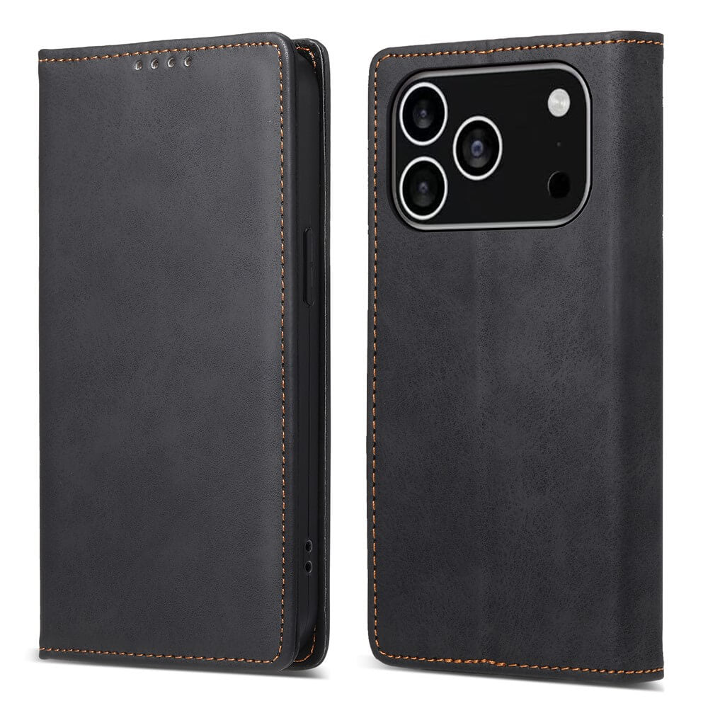 Cover-Discount's iPhone 17 Pro - Flip Case mit RFID Blocker in schwarzem Leder mit brauner Naht, von vorne und hinten gezeigt. Schutzhülle mit Kamera-Ausschnitt und integriertem RFID-Schutz für mehr Sicherheit.