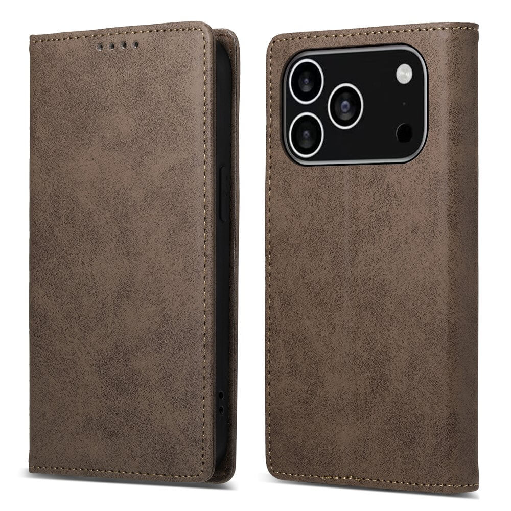 Cover-Discount iPhone 17 Pro - Flip Case mit RFID Blocker in Braun, vorgestellt geschlossen und offen, zeigt Kameraausschnitt, feine Cover-Nähte und integrierten RFID-Schutz für zusätzliche Sicherheit.