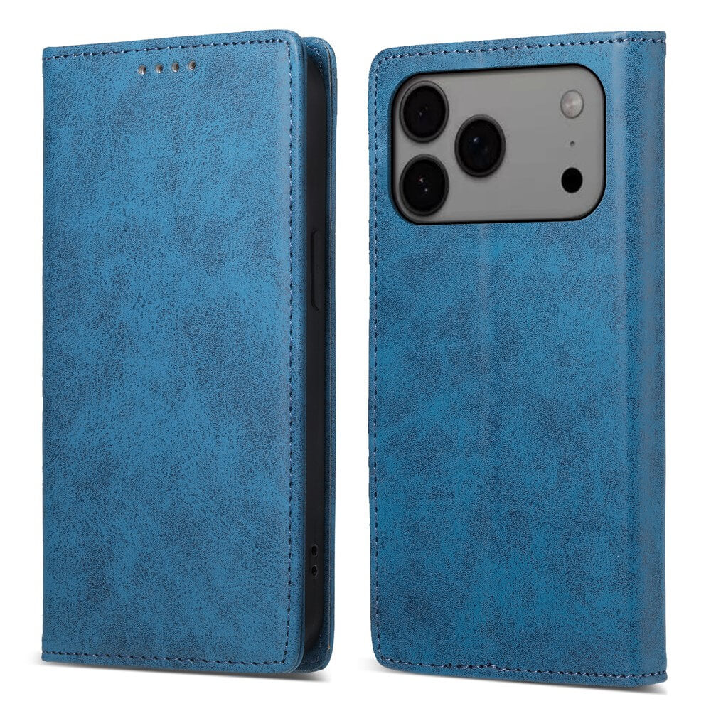 #farbe_blau|Zwei Ansichten des Cover-Discount iPhone 17 Pro Max - Flip Case mit RFID-Blocker in blauem Leder: eine geöffnete mit sichtbarem Telefon, eine geschlossene, die die sichere Hülle mit integriertem RFID-Blocker für zusätzlichen Datenschutz zeigt.