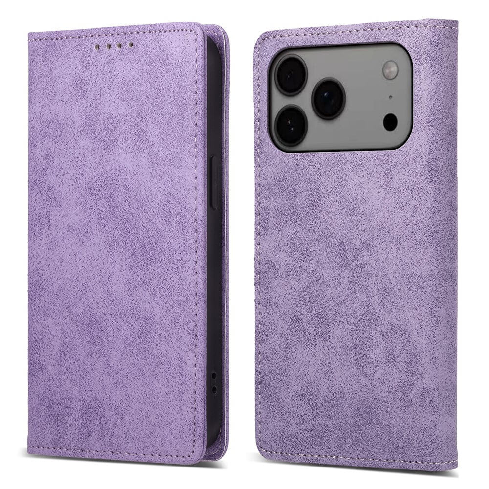 Zwei Ansichten eines lavendelfarbenen Cover-Discount iPhone 17 Pro Max Flip Case mit RFID-Blocker, das sich durch eine strukturierte Oberfläche, einen Kameraausschnitt und ein schlankes Design auszeichnet.
