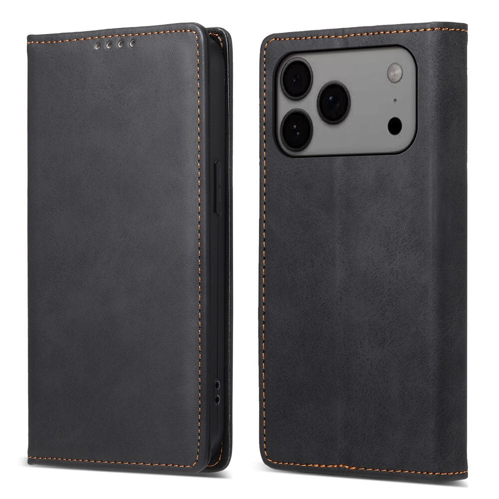 Das iPhone 17 Pro Max - Flip Case mit RFID Blocker von Cover-Discount aus schwarzem Leder mit orangefarbener Naht, vorne und hinten gezeigt, bietet RFID-Schutz und passgenaue Kameraaussparung.