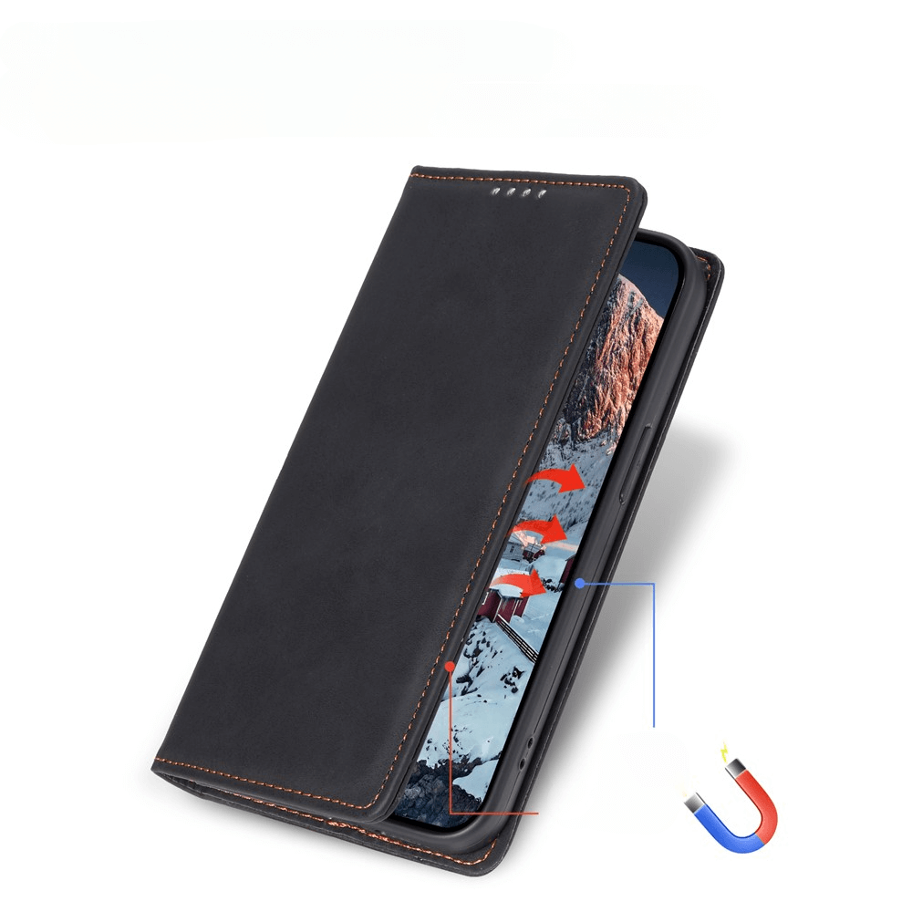 Das iPhone 17 Pro Max - Flip Case mit RFID Blocker (schwarz) von Cover-Discount ist teilweise geöffnet mit einer Berglandschaft auf dem Bildschirm abgebildet und bietet stilvollen Schutz und sichere RFID-Blockierung für erhöhte Datensicherheit.