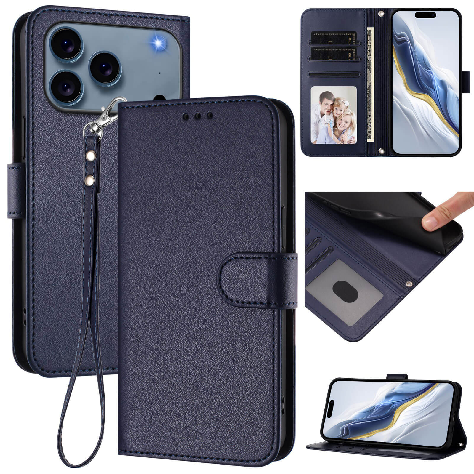 Die Cover-Discount iPhone 17 Pro Max Glänzendes Hüllen Etui mit Handschlaufe bietet Kartenfächer, Standfunktion und navyblaues Design, passend als Schutzhülle für Ihr Handy samt Zubehör.