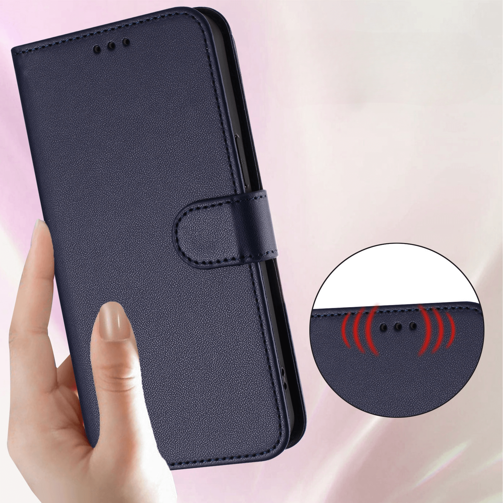 Eine Hand hält ein navyblaues iPhone 17 Pro Max - Glänzendes Hüllen Etui mit Handschlaufe von Cover-Discount; ein Inset zeigt den magnetischen Verschluss mit roten Signal-Linien und betont das Kartenfach.