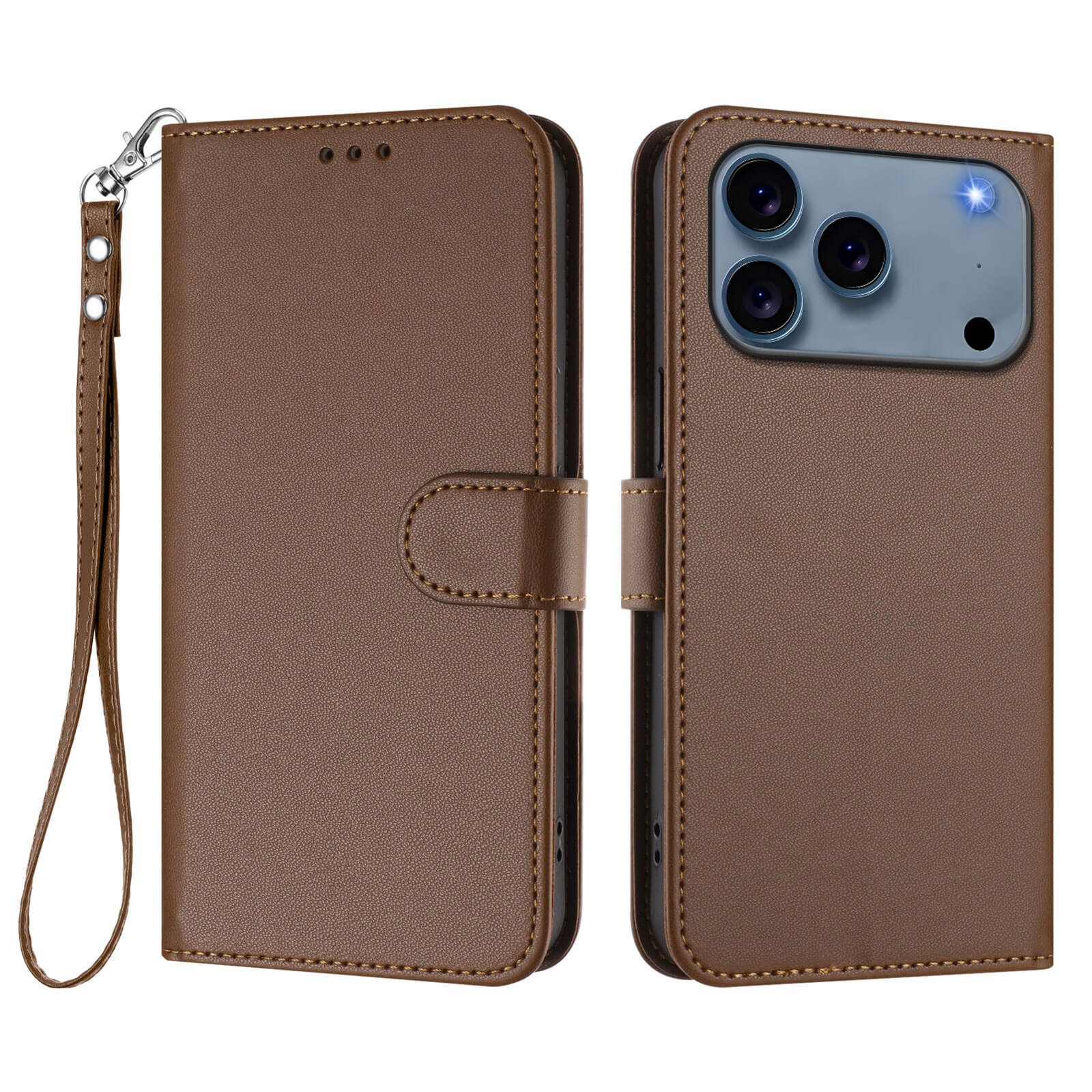Das Cover-Discount iPhone 17 Pro Max - Glänzendes Hüllen Etui mit Handschlaufe ist eine braune PU-Leder Schutzhülle mit Kartenfächern und Handgelenkschlaufe, praktisch für Alltag und stilvollen Schutz - abgebildet geschlossen und offen mit sichtbarer Kamera.