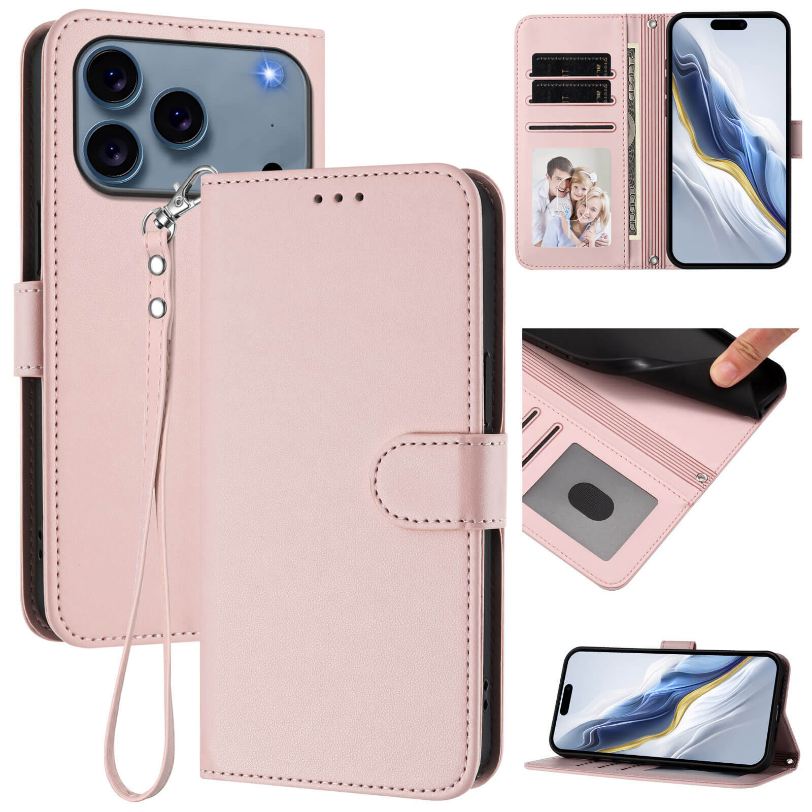 Das Cover-Discount iPhone 17 Pro Max Glänzendes Hüllen Etui bietet Kartenfächer, Fotofach, Handschlaufe und Standfunktion in Pink PU-Leder, passend für Ihr Smartphone.