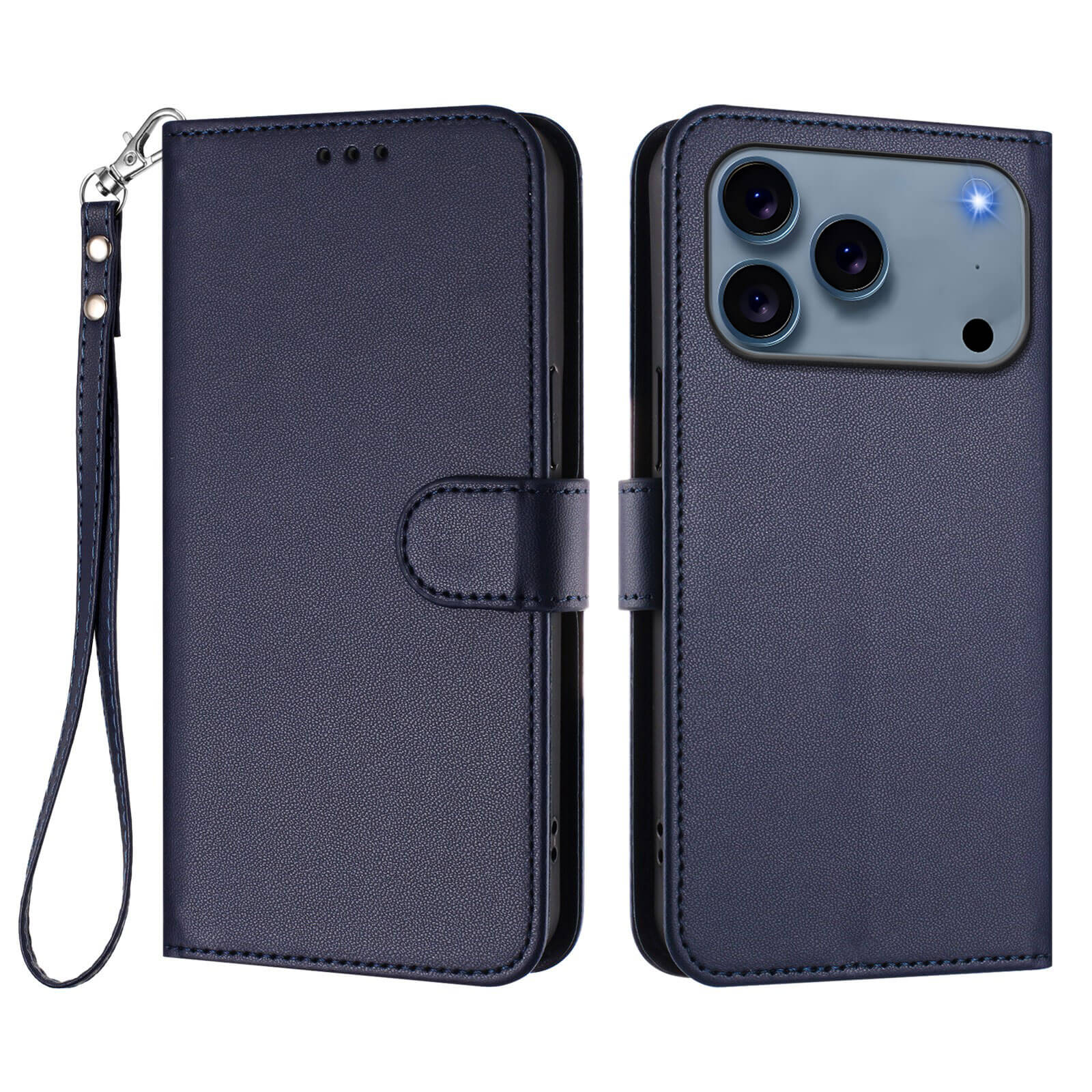 Cover-Discount iPhone 17 Pro - Glänzendes Hüllen Etui mit Handschlaufe in marineblauem PU-Leder, offen und geschlossen abgebildet, verfügt über ein Handy-Etui mit Kartenetui.