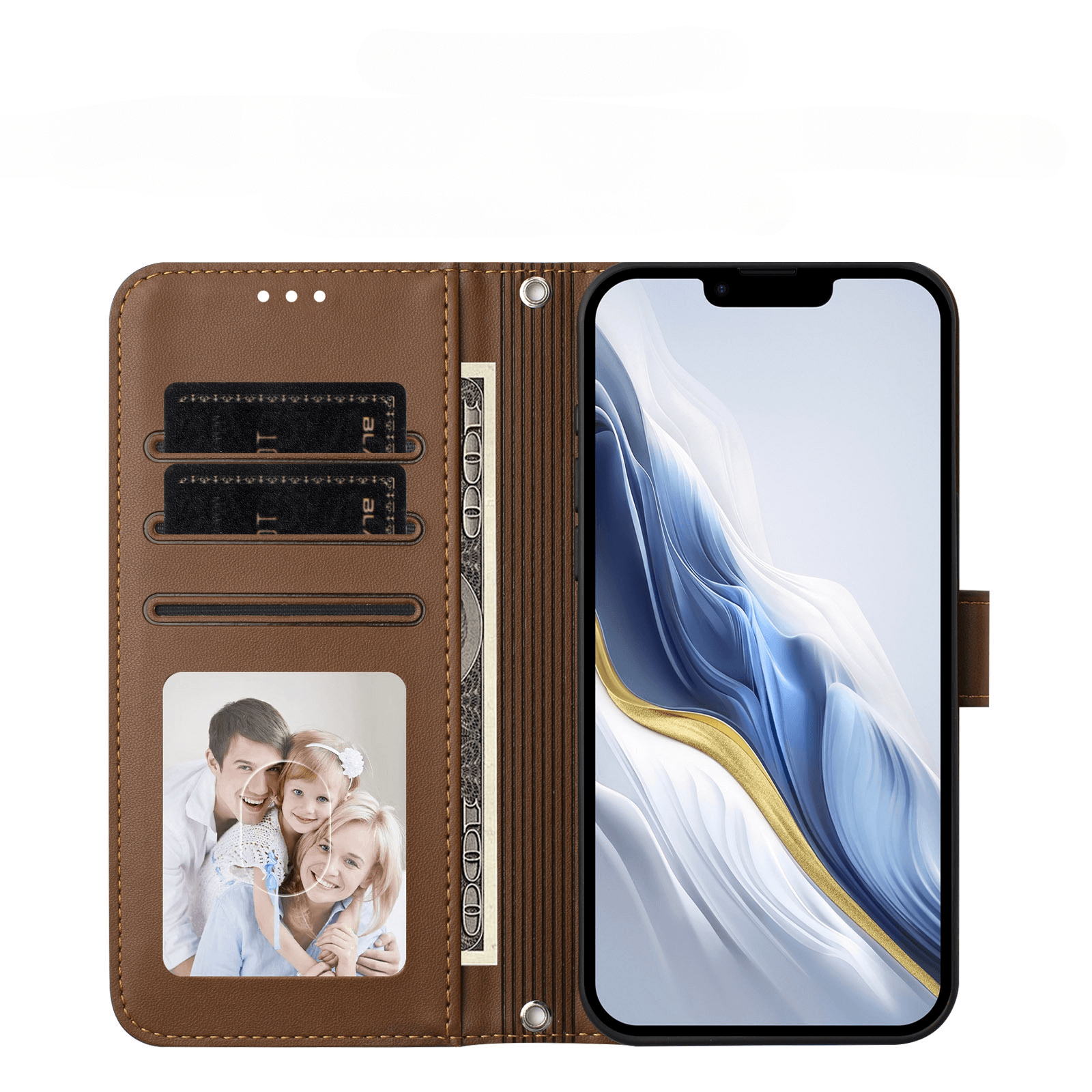 Cover-Discount's iPhone 17 Pro - Glänzendes Hüllen Etui mit Handschlaufe: Braun, PU-Leder, hält Karten, Bargeld, Fotos & Smartphone-perfekt als schickes Kartenetui und Schutzhülle für dein Handy.
