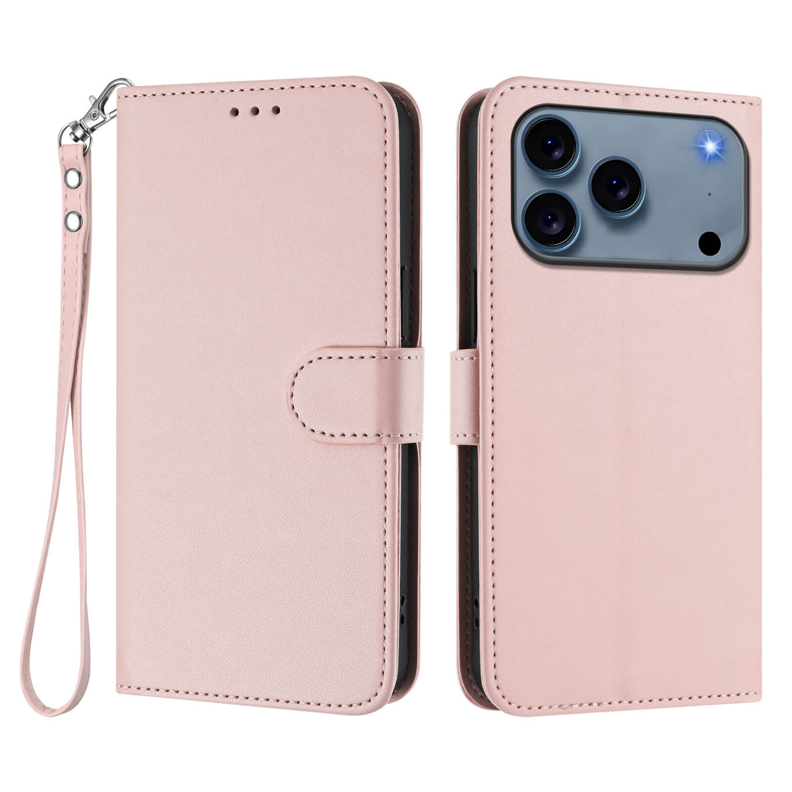 Das Cover-Discount iPhone 17 Pro Glänzendes Hüllen Etui im Wallet-Stil mit Kartenetui und praktischer Handschlaufe wird sowohl geschlossen als auch offen präsentiert, sodass die Kamera des Handys sichtbar bleibt.