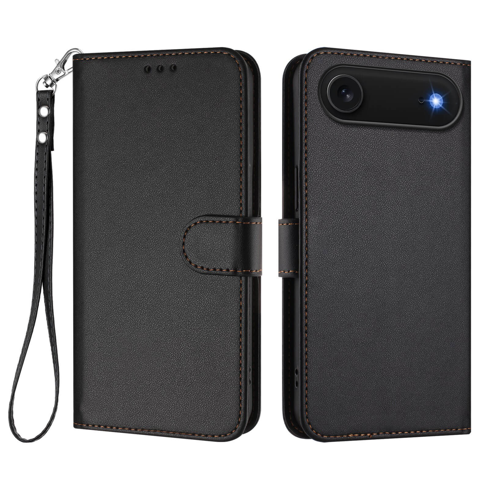 #farbe_schwarz|Cover-Discount iPhone 17 Air - Glänzendes Hüllen Etui mit Handschlaufe; Schutzhülle aus schwarzem PU-Leder, vorne und hinten geschlossen gezeigt.