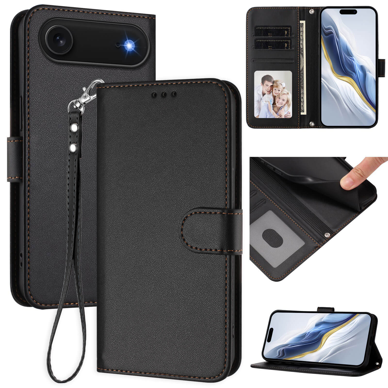 Cover-Discount iPhone 17 Air - Glänzendes Hüllen Etui mit Handschlaufe, mehreren Ansichten, Kartenschlitzen und praktischer Kickstand-Funktion.